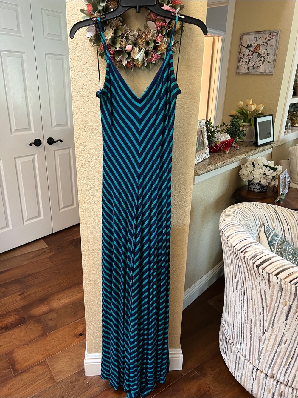 Matty M Teal & Navy Striped V-Neck Maxi Dress